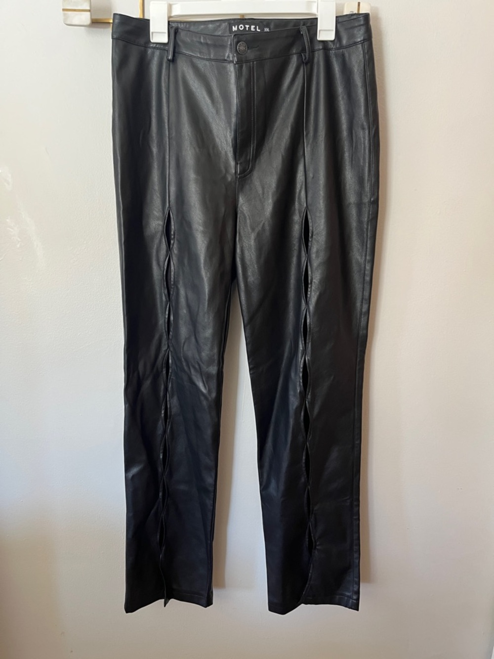 Motel Rocks Black Faux Leather "Jacinta" Trousers with Front cut outs size XXL